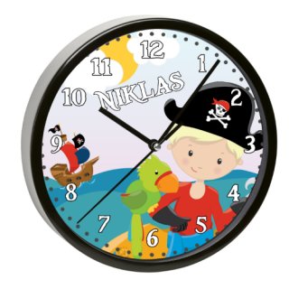 Kinder Wanduhr laufruhig mit schwarzem Rahmen Motiv Pirat nah
