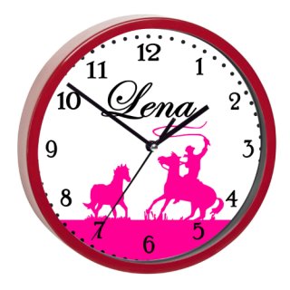 Kinder Wanduhr laufruhig Rahmen rot Motiv Pferde Cowboy Farbe Pink