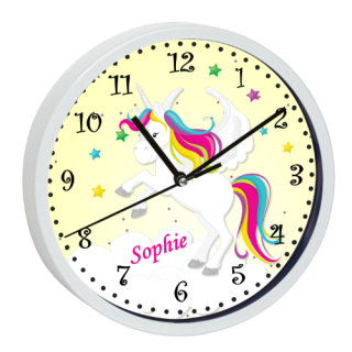 Kinder Wanduhr mit weißen Rahmen Einhorn gelb