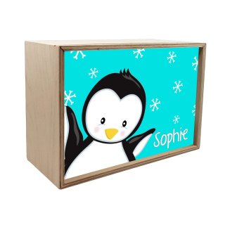 Kinder Wandlampe / Tischlampe aus Holz Buche Natur Motiv Pinguin Farbe türkis