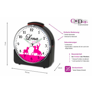 Kinder Funkwecker schwarz Motiv Cowboy Pferd Pink