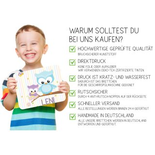 Kinder Frühstücksbrettchen  Eule Frühling   persnoalisiert, Kunststoff, 20 x 25 cm