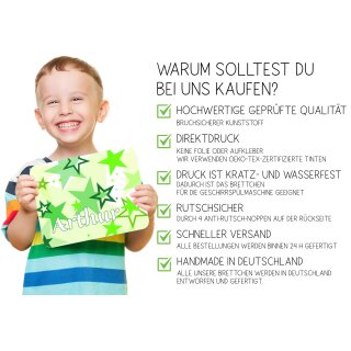 Kinder Frühstücksbrettchen  Sterne Grün   persnoalisiert, Kunststoff, 20 x 25 cm