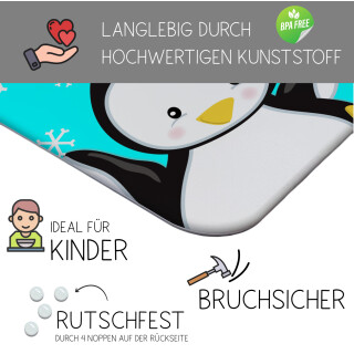 Kinder Frühstücksbrettchen  Pinguin Türkis   persnoalisiert, Kunststoff, 20 x 25 cm