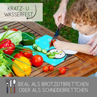 Kinder Frühstücksbrettchen  Pinguin Türkis   persnoalisiert, Kunststoff, 20 x 25 cm