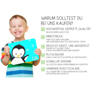 Kinder Frühstücksbrettchen  Pinguin Türkis   persnoalisiert, Kunststoff, 20 x 25 cm