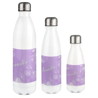 Edelstahl Thermosflasche weiß  Blumenranke Farbe flieder