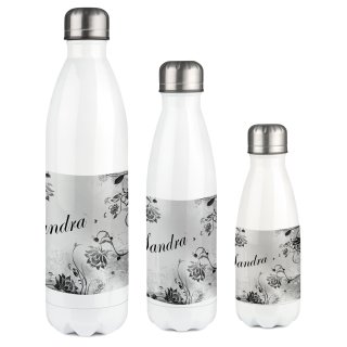 Edelstahl Thermosflasche weiß  Blumenranke Farbe schwarz...