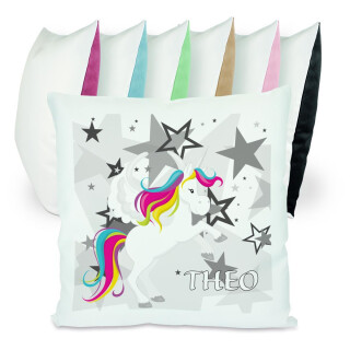 Kissen bunt Einhorn Sterne grau