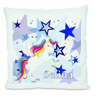 Kissen weiß Einhorn Sterne blau