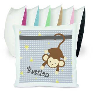 CreaDesign, Kinder Kissen 40x40 personalisiert mit Namen, Kinderzimmer Deko Kissen Kinder mit Füllung Federn, Motiv Affe grau, Rückenfarbe bunt
