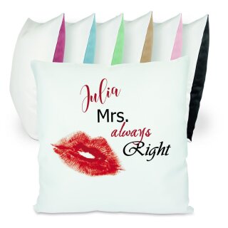 CreaDesign, Kinder Kissen 40x40 personalisiert mit Namen, Kinderzimmer Deko Kissen Kinder mit Füllung Federn, Motiv Kussmund, Rückenfarbe bunt