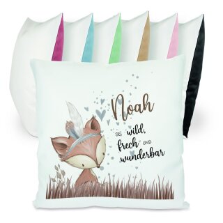 CreaDesign, Kinder Kissen 40x40 personalisiert mit Namen, Kinderzimmer Deko Kissen Kinder mit Füllung Federn, Motiv Fuchs Indianer, Rückenfarbe bunt