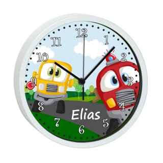 Kinder Wanduhr laufruhig mit bunten Rahmen Auto-Cartoon