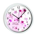 Kinder Wanduhr laufruhig mit bunten Rahmen Sterne rosa