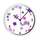 Kinder Wanduhr laufruhig mit bunten Rahmen Blumen lila rosa