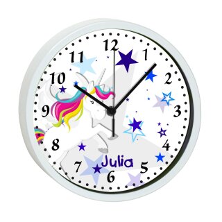 Kinder Wanduhr laufruhig mit bunten Rahmen Einhorn Sterne blau