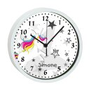 Kinder Wanduhr mit bunten Rahmen Einhorn Sterne grau